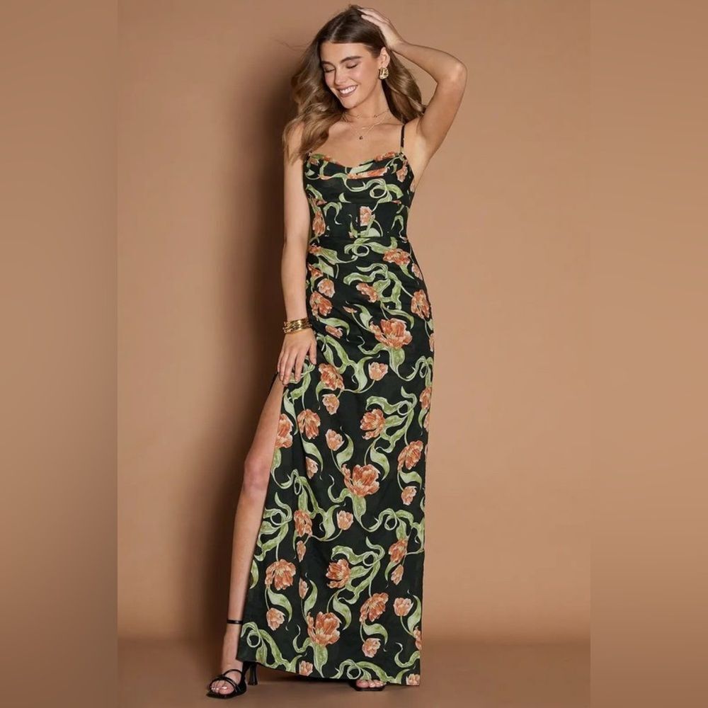 NWT Azazie Stephanie  Black and Orange Floral Maxi Dress with a front/side slit
